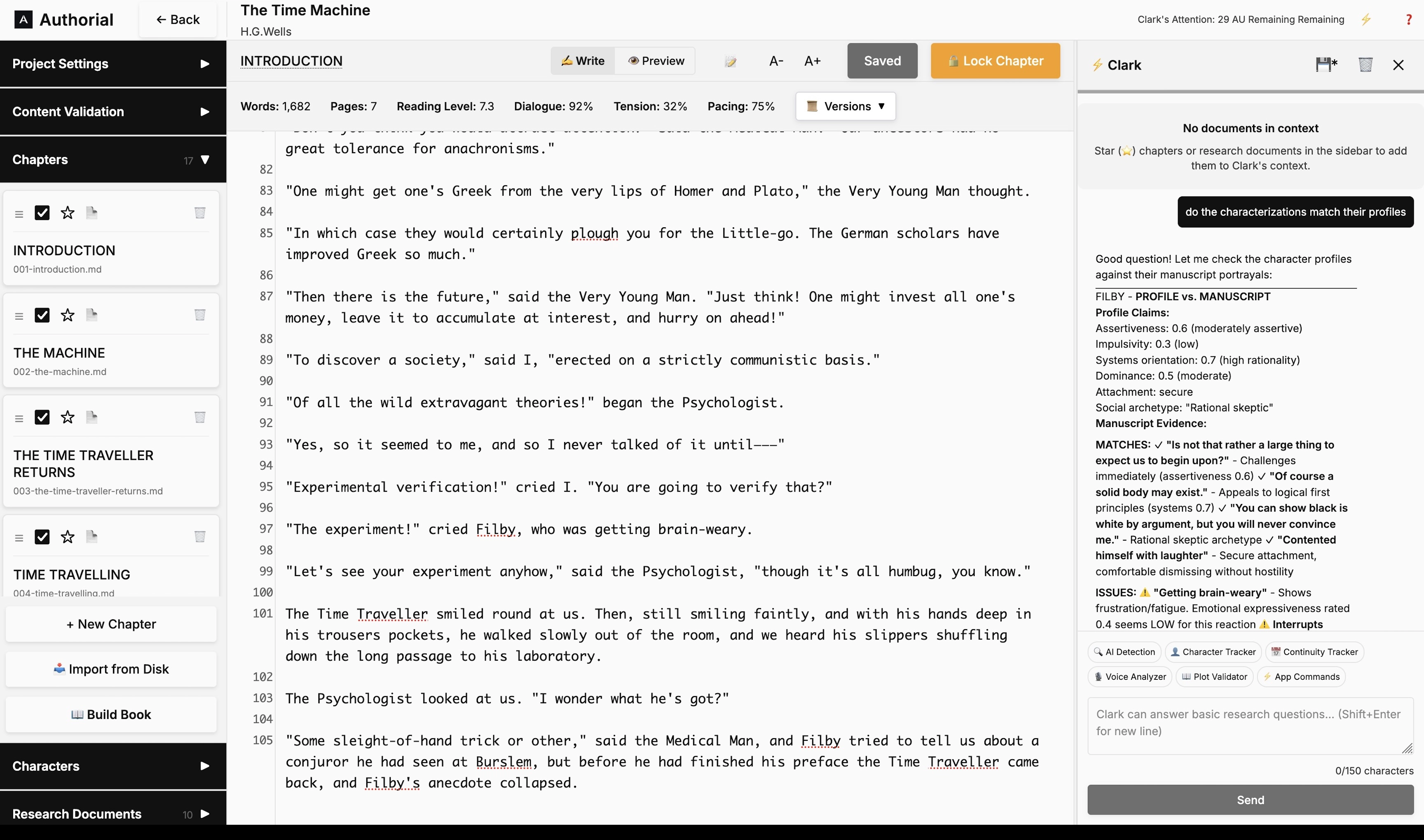 Authorial editor with chapter sidebar, manuscript pane, and Clark panel open.